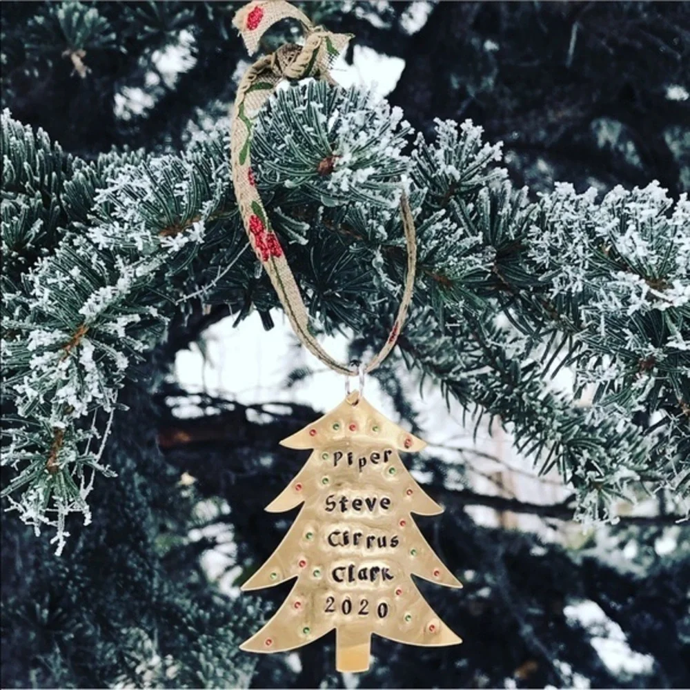 Handmade Personalized stamped gold tree Brass Holiday Christmas Ornament‎